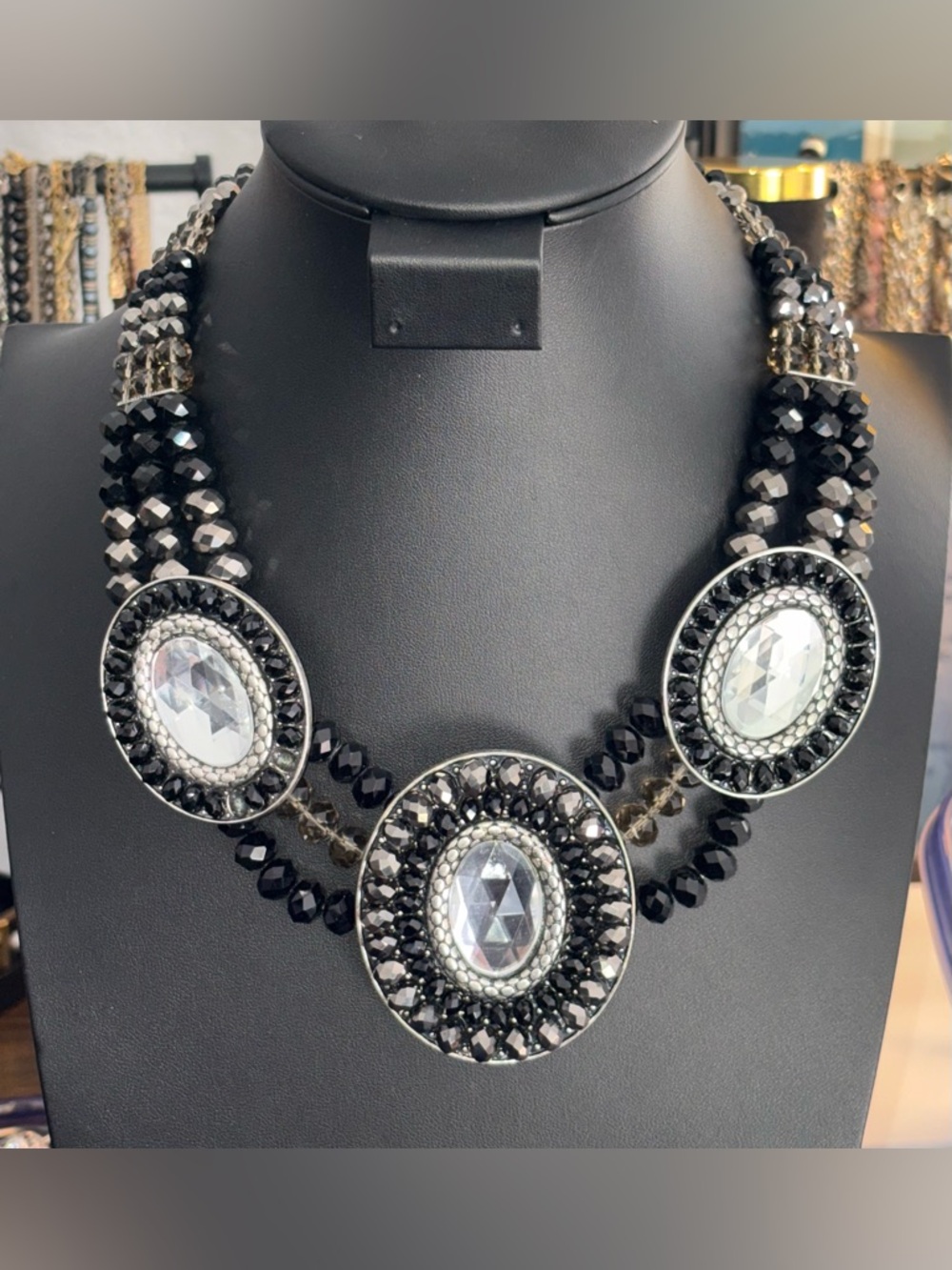Black Crystal Statement Necklace with Clear Accent Stones